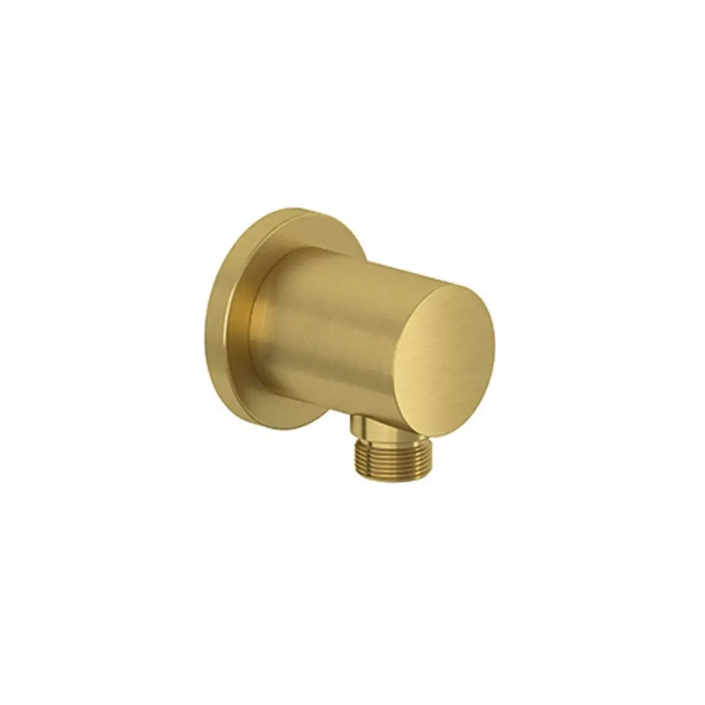 Schlauchanschlussbogen von Kludi in brushed gold, mit runder Wandplatte und seitlichem Gewinde für eine Verbindung im Sanitärbereich.